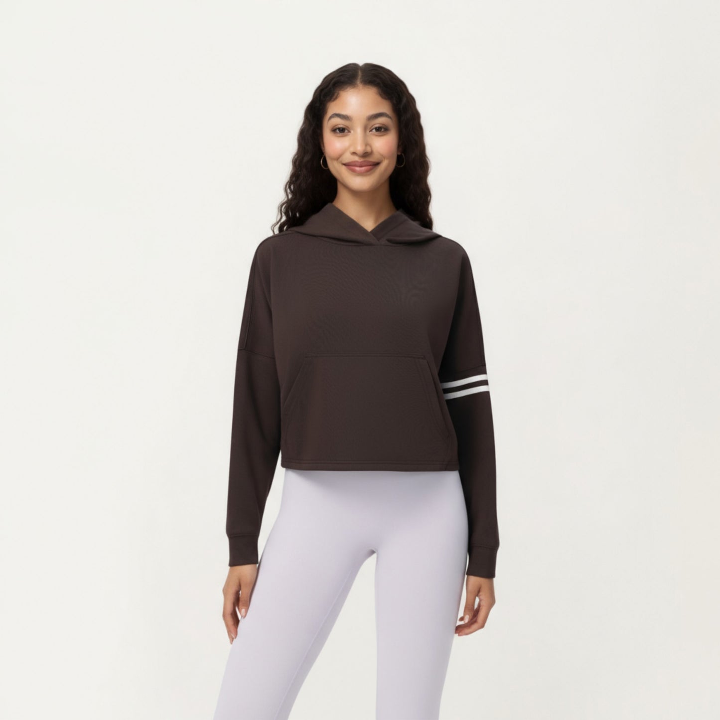 Long Sleeve Cropped Hoodie with Kangaroo Pocket and Striped Sleeve Detail