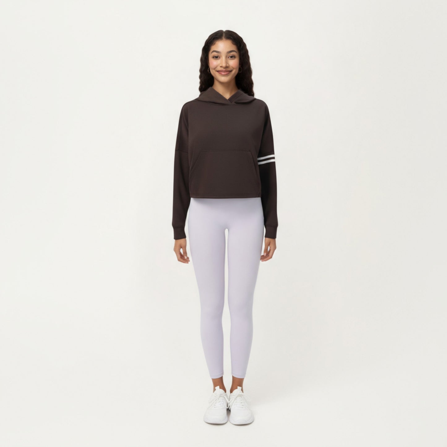 Long Sleeve Cropped Hoodie with Kangaroo Pocket and Striped Sleeve Detail