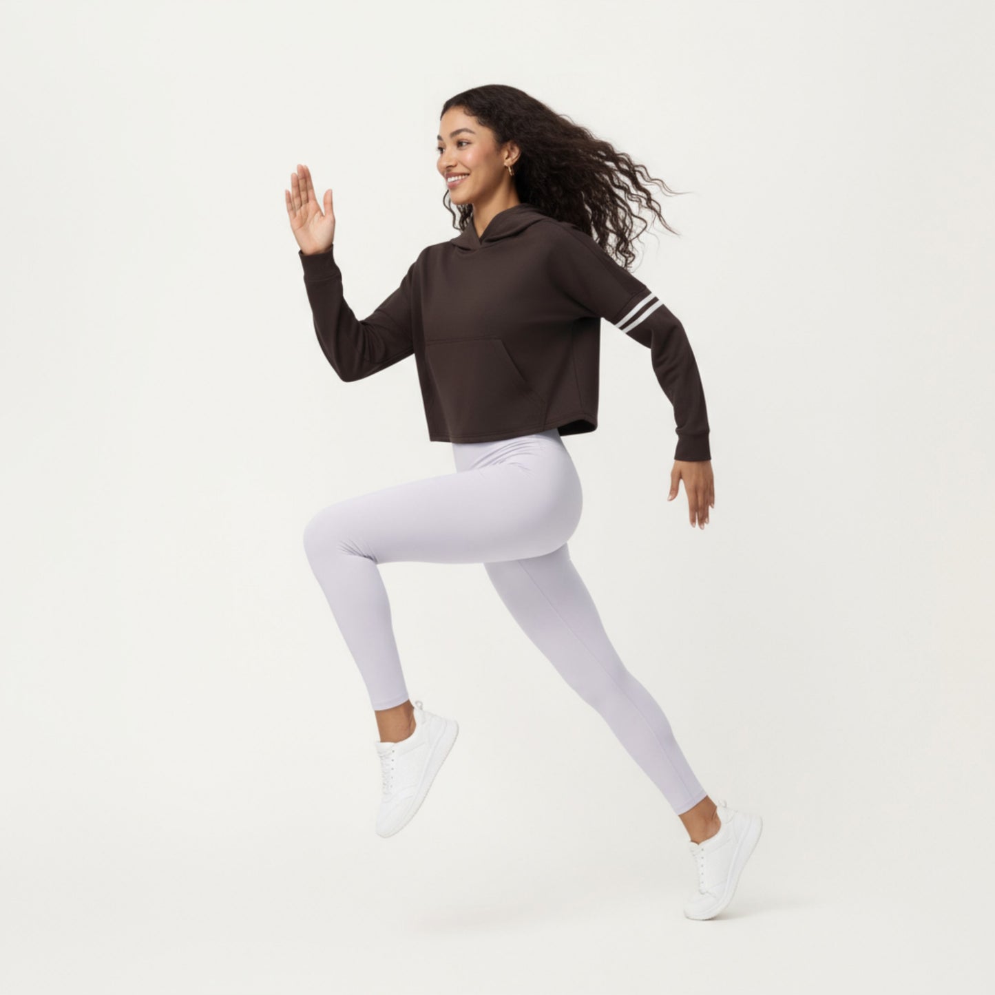 Long Sleeve Cropped Hoodie with Kangaroo Pocket and Striped Sleeve Detail