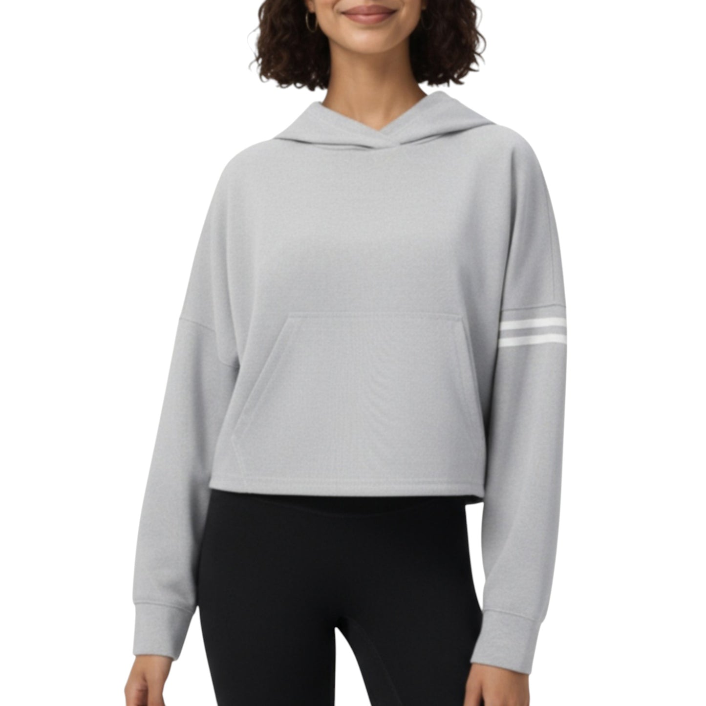 Long Sleeve Cropped Hoodie with Kangaroo Pocket and Striped Sleeve Detail