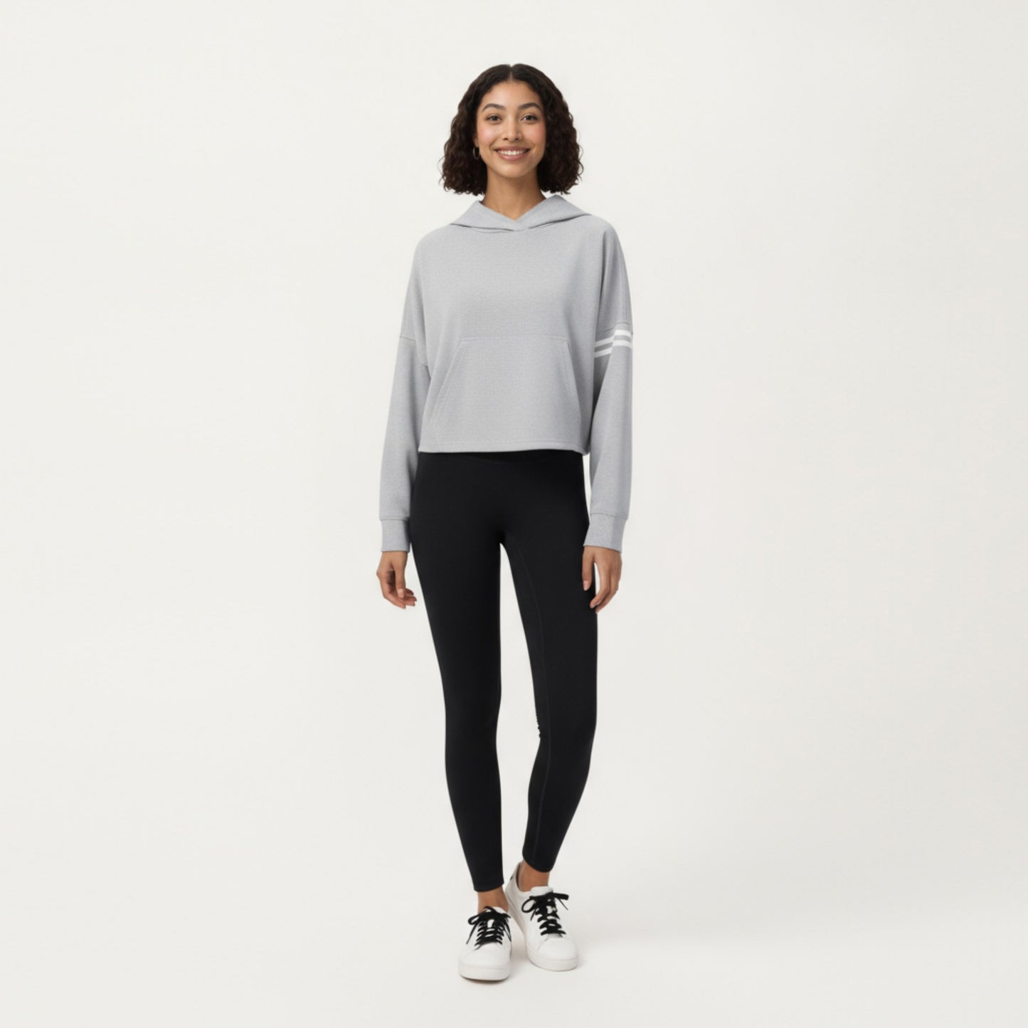 Long Sleeve Cropped Hoodie with Kangaroo Pocket and Striped Sleeve Detail