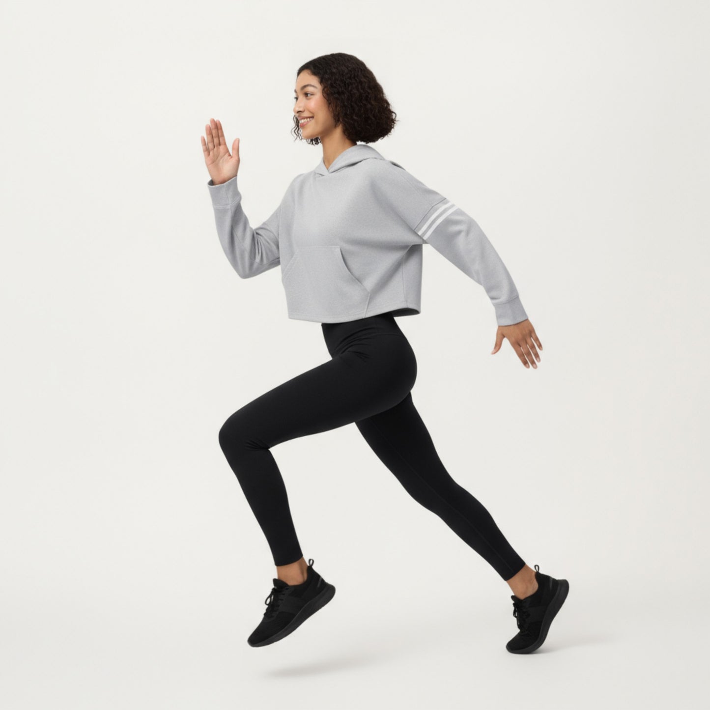 Long Sleeve Cropped Hoodie with Kangaroo Pocket and Striped Sleeve Detail