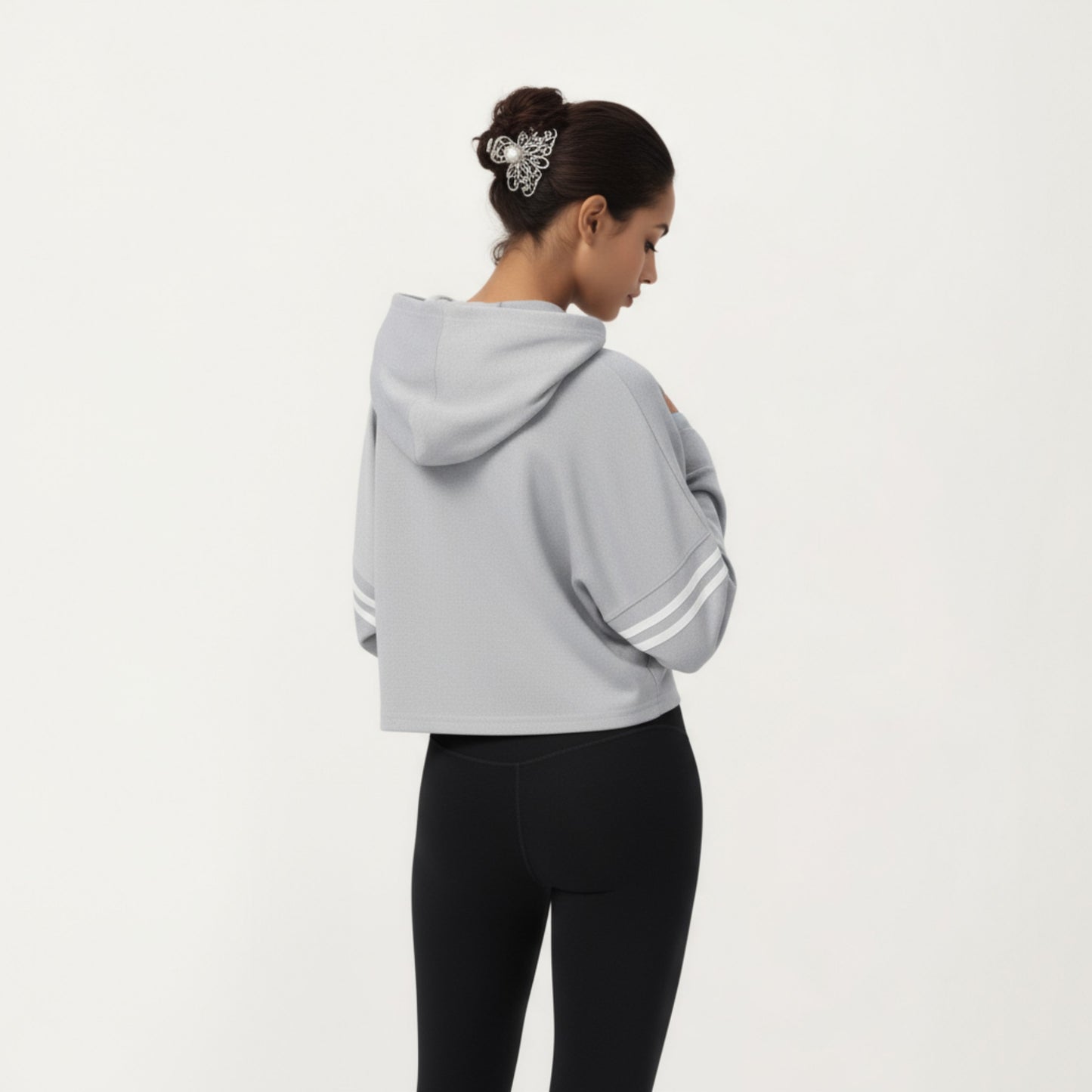 Long Sleeve Cropped Hoodie with Kangaroo Pocket and Striped Sleeve Detail