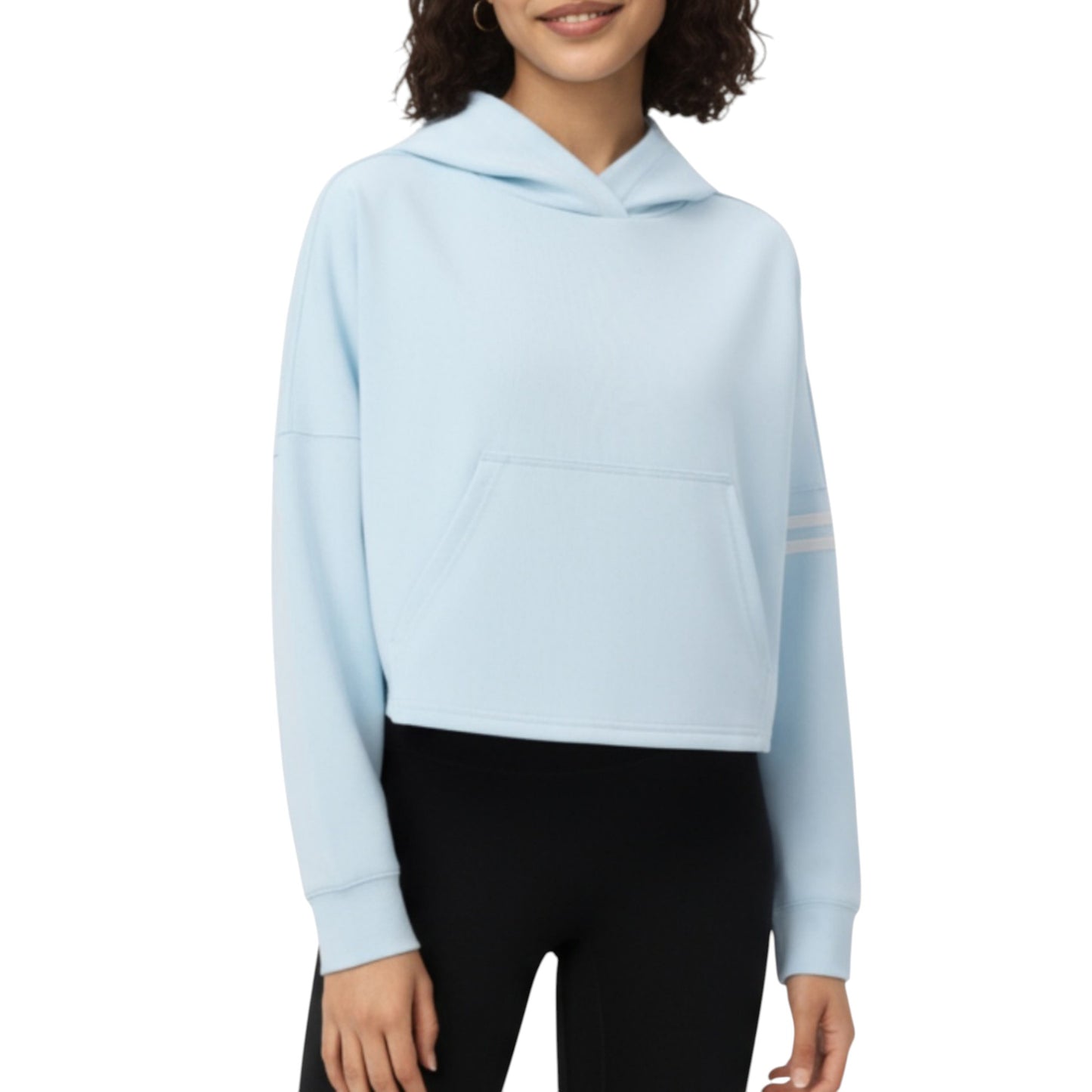 Long Sleeve Cropped Hoodie with Kangaroo Pocket and Striped Sleeve Detail
