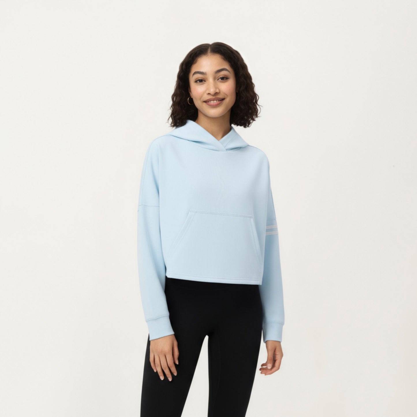 Long Sleeve Cropped Hoodie with Kangaroo Pocket and Striped Sleeve Detail