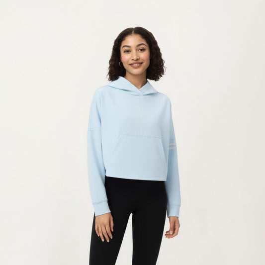 Long Sleeve Cropped Hoodie with Kangaroo Pocket and Striped Sleeve Detail