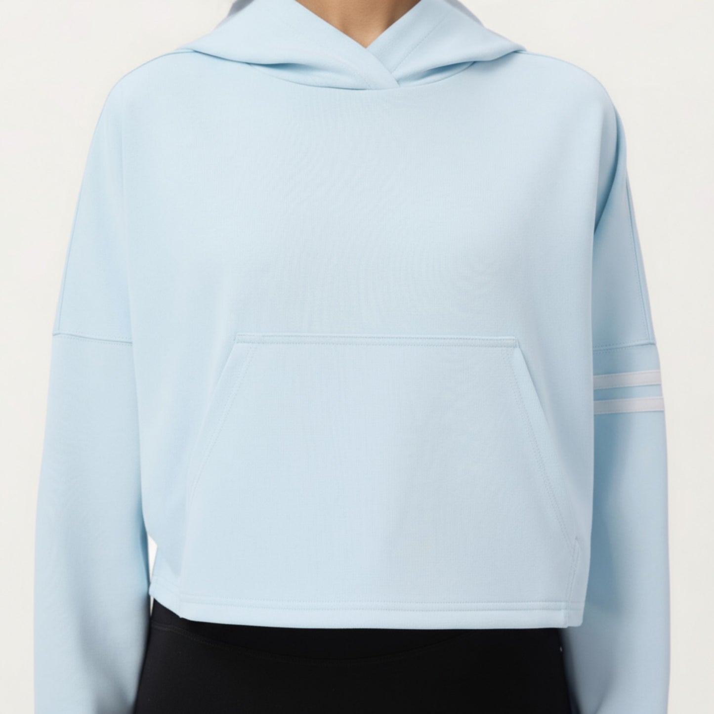 Long Sleeve Cropped Hoodie with Kangaroo Pocket and Striped Sleeve Detail