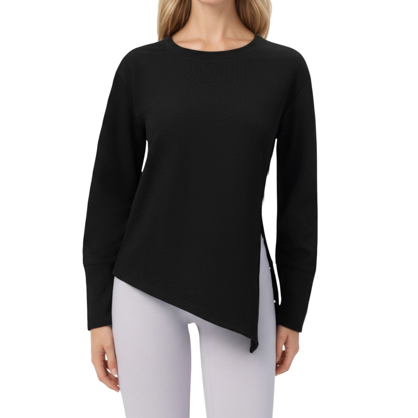 Long Sleeve Asymmetrical Hem Pullover Top with Crew Neck and Relaxed Fit