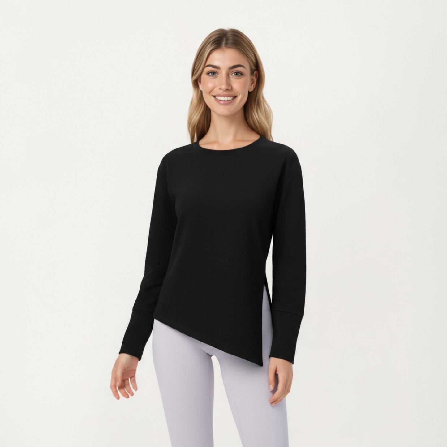 Long Sleeve Asymmetrical Hem Pullover Top with Crew Neck and Relaxed Fit