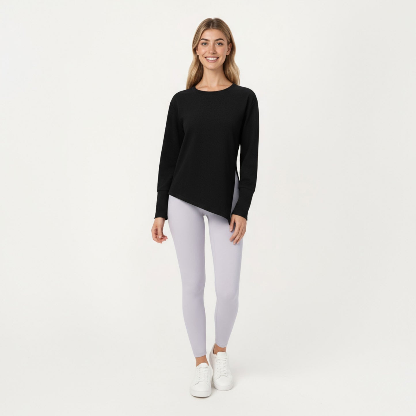 Long Sleeve Asymmetrical Hem Pullover Top with Crew Neck and Relaxed Fit