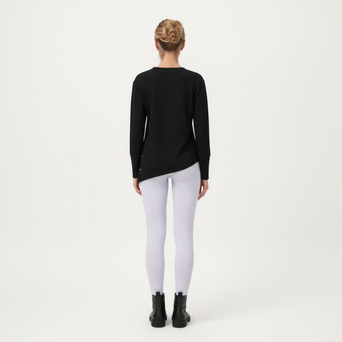 Long Sleeve Asymmetrical Hem Pullover Top with Crew Neck and Relaxed Fit