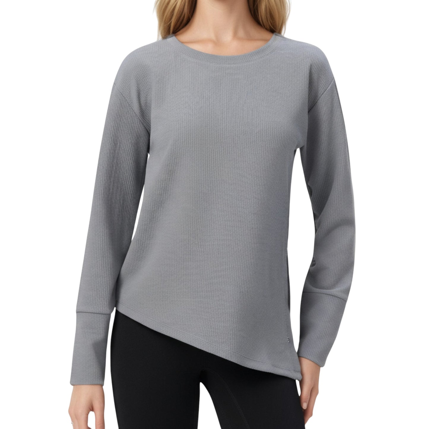 Long Sleeve Asymmetrical Hem Pullover Top with Crew Neck and Relaxed Fit
