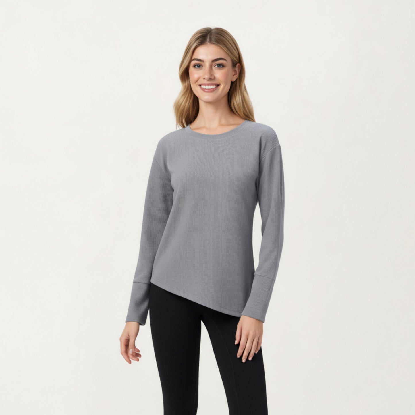 Long Sleeve Asymmetrical Hem Pullover Top with Crew Neck and Relaxed Fit