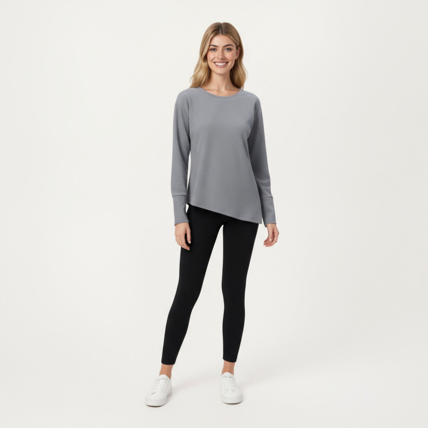 Long Sleeve Asymmetrical Hem Pullover Top with Crew Neck and Relaxed Fit
