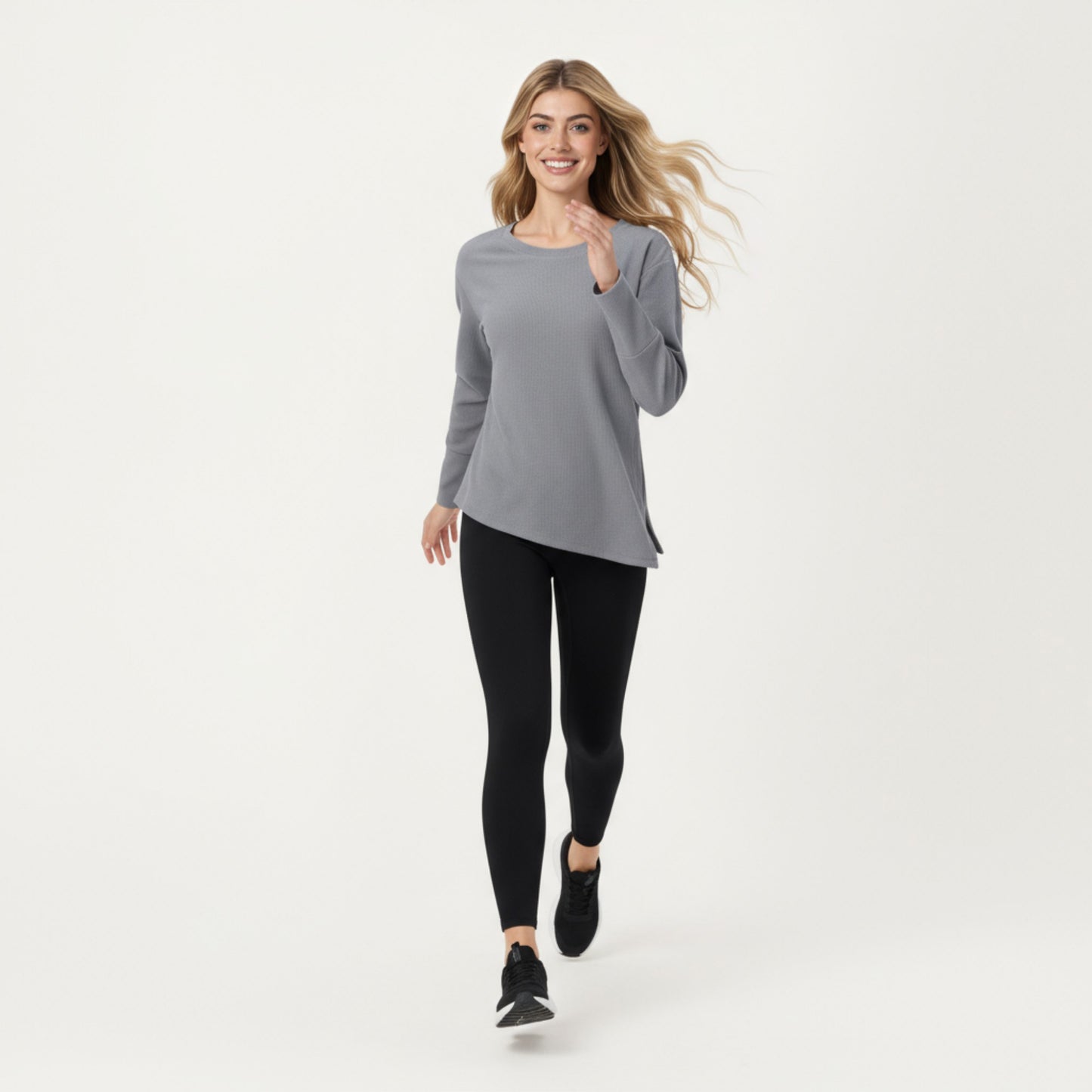 Long Sleeve Asymmetrical Hem Pullover Top with Crew Neck and Relaxed Fit