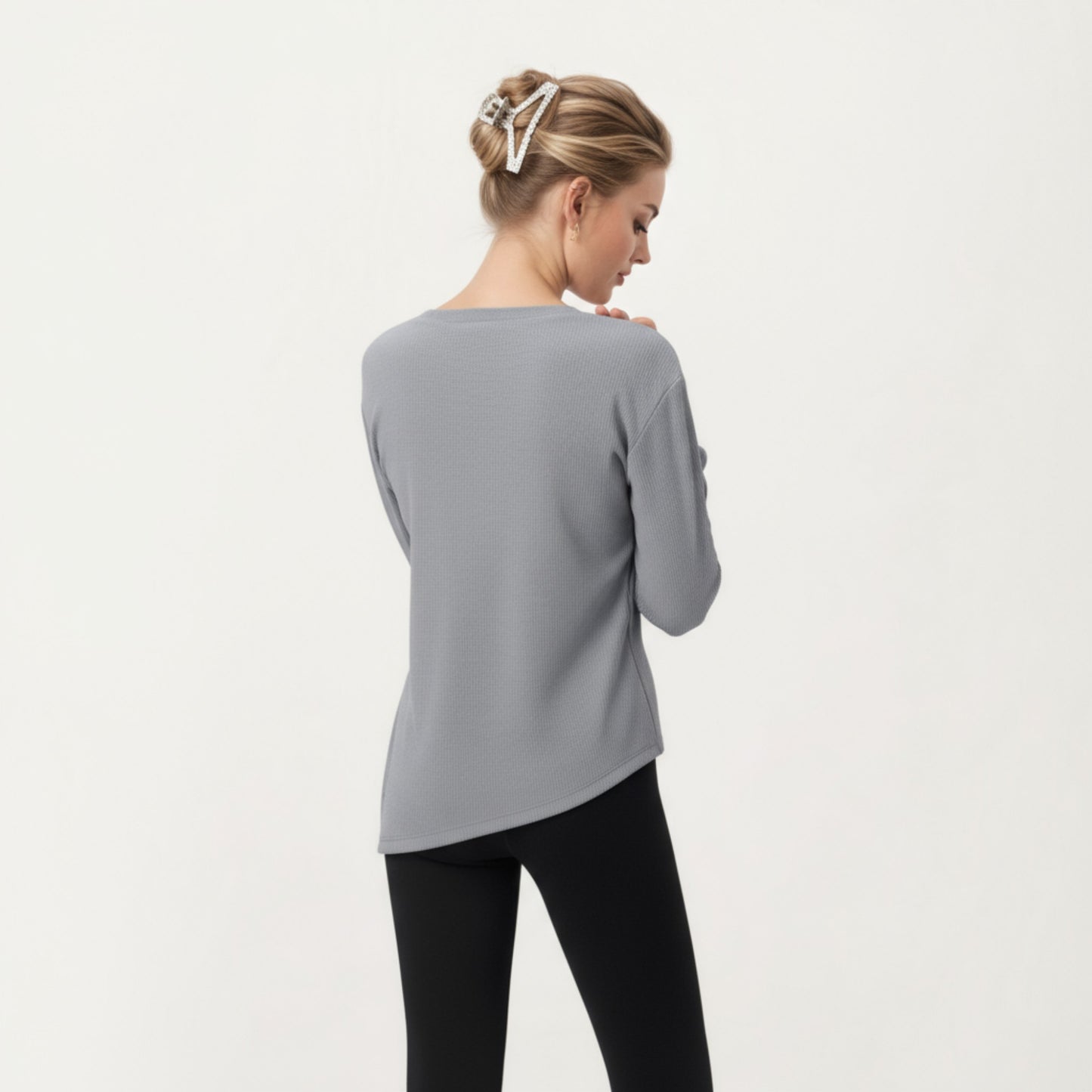 Long Sleeve Asymmetrical Hem Pullover Top with Crew Neck and Relaxed Fit
