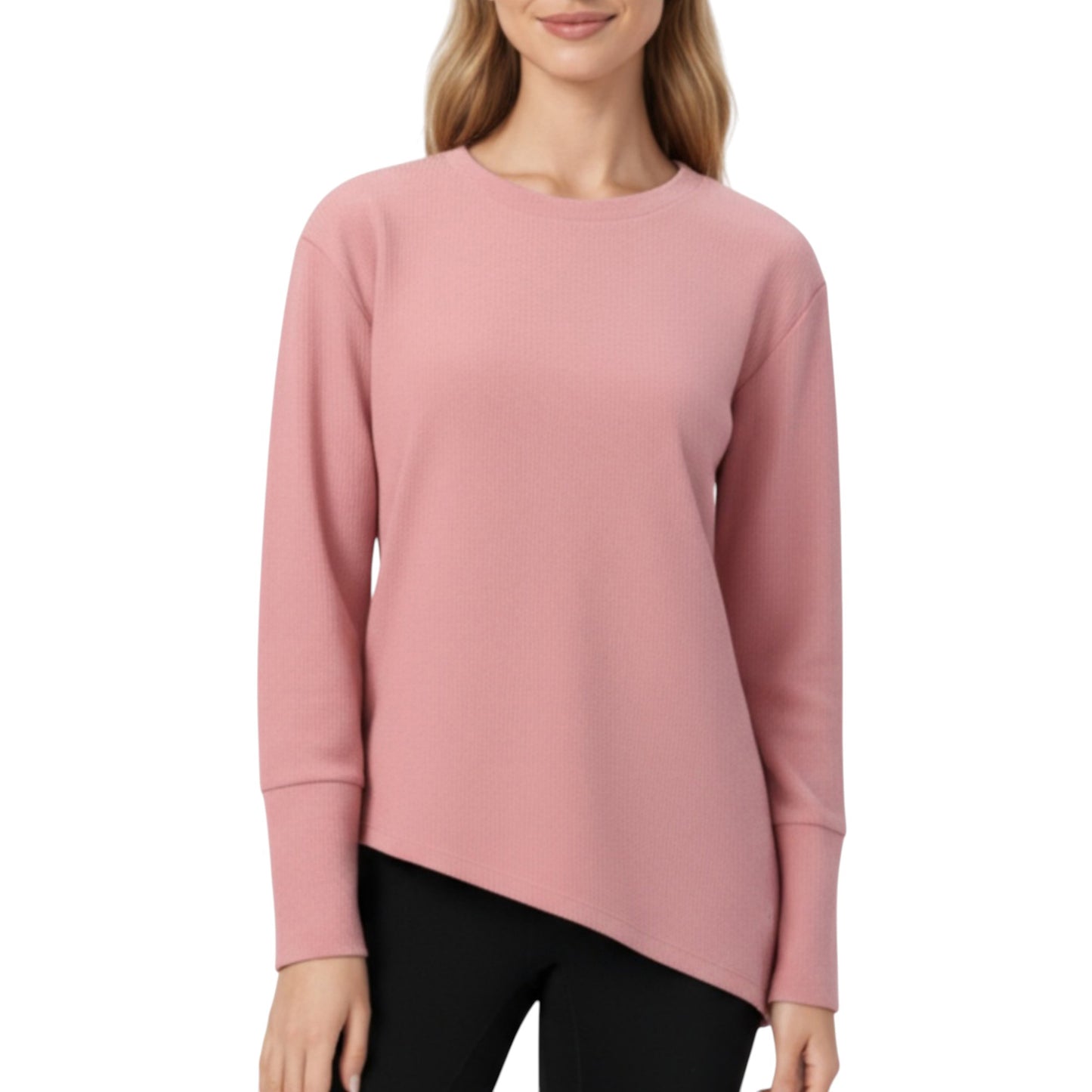 Long Sleeve Asymmetrical Hem Pullover Top with Crew Neck and Relaxed Fit