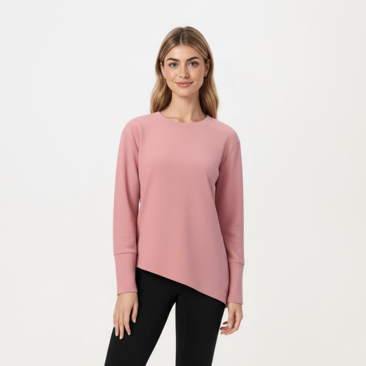 Long Sleeve Asymmetrical Hem Pullover Top with Crew Neck and Relaxed Fit