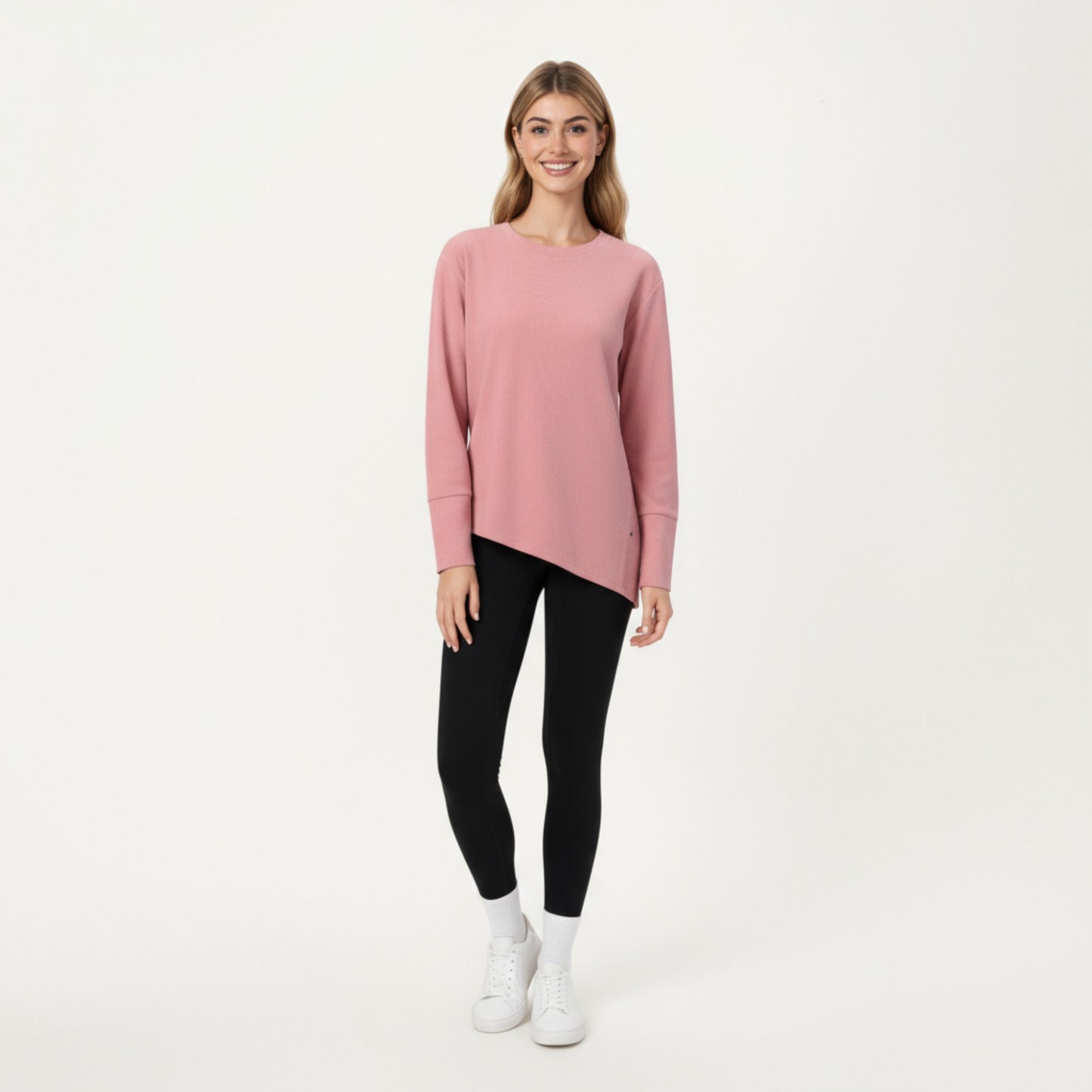 Long Sleeve Asymmetrical Hem Pullover Top with Crew Neck and Relaxed Fit