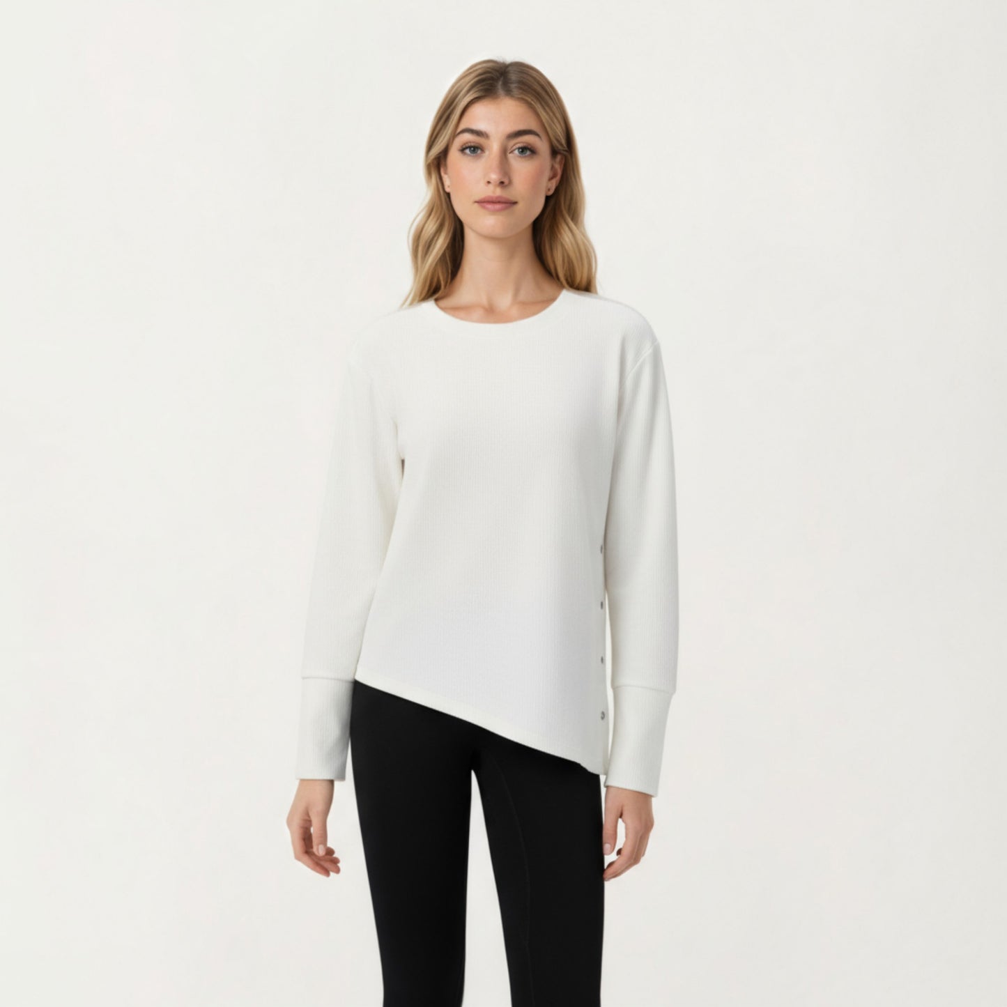 Long Sleeve Asymmetrical Hem Pullover Top with Crew Neck and Relaxed Fit