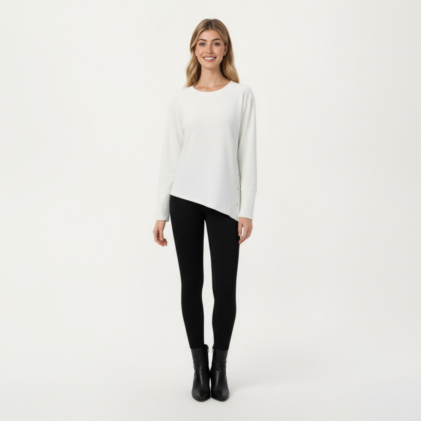 Long Sleeve Asymmetrical Hem Pullover Top with Crew Neck and Relaxed Fit
