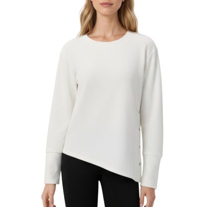 Long Sleeve Asymmetrical Hem Pullover Top with Crew Neck and Relaxed Fit