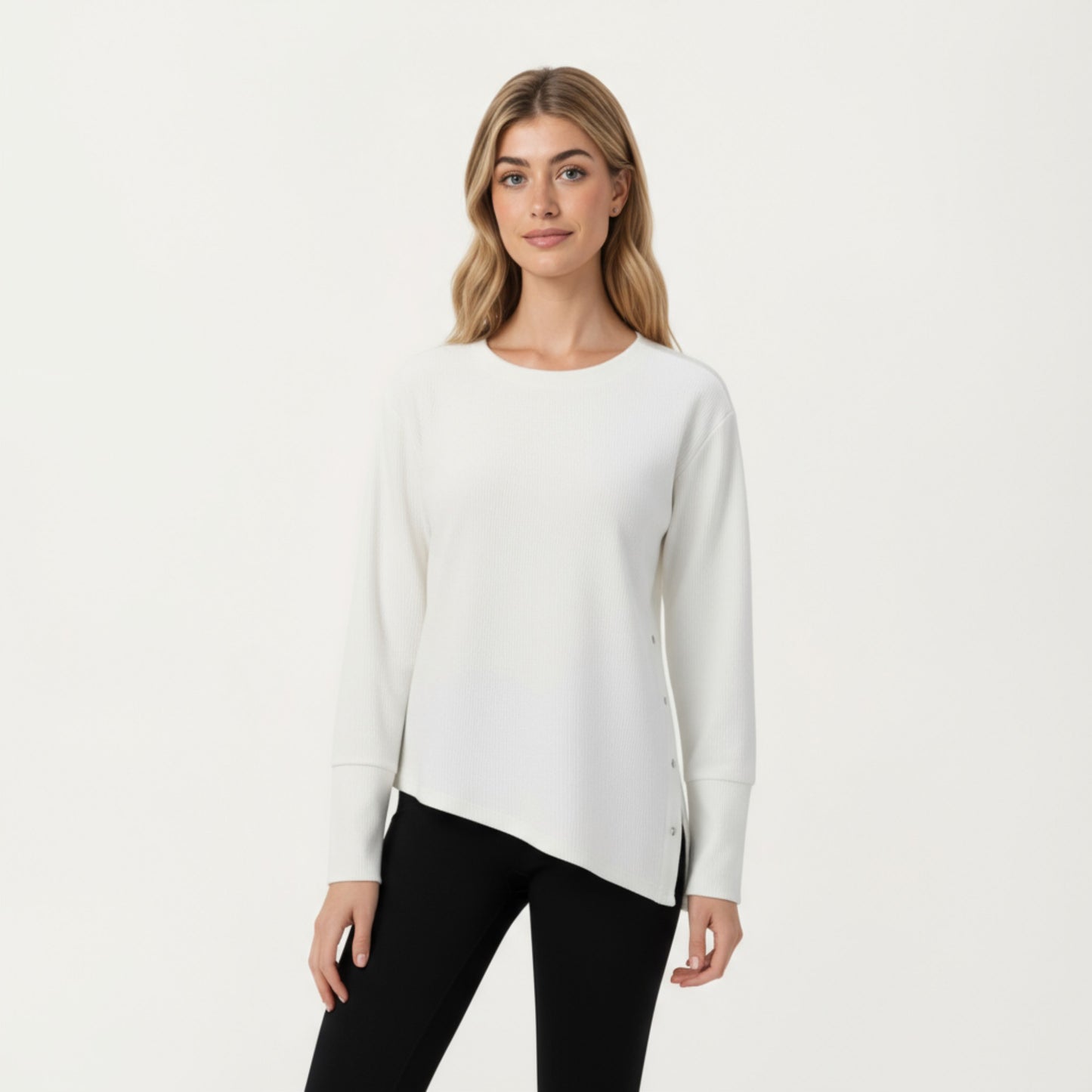 Long Sleeve Asymmetrical Hem Pullover Top with Crew Neck and Relaxed Fit