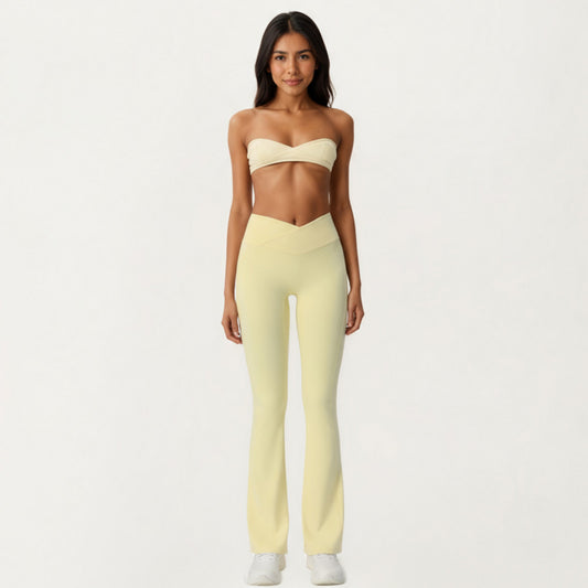Crossover Waist Flare Leg Yoga Pants with Stretch Fit Fabric and Smooth Contoured Silhouette