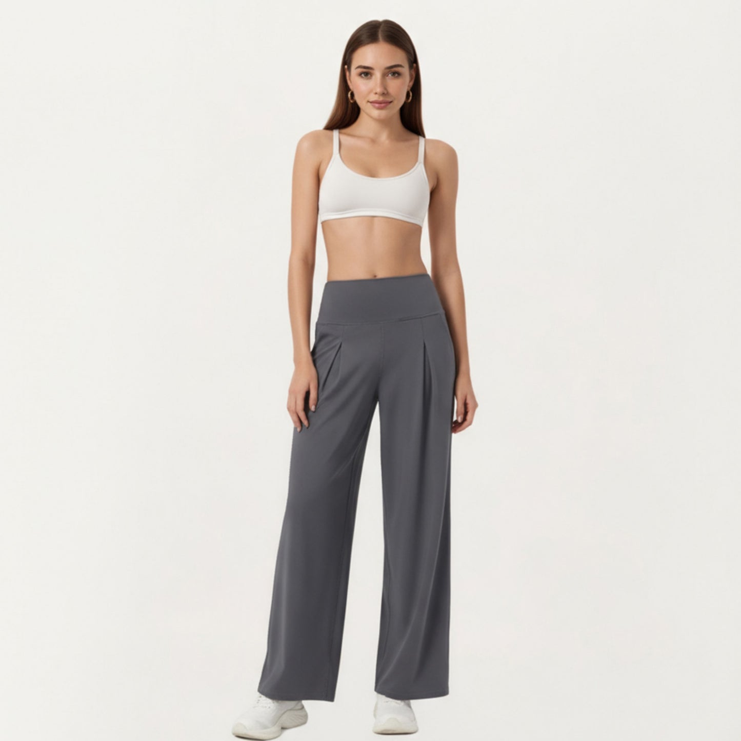 High Waist Pleated Wide Leg Sweatpants with Smooth Stretch Fabric and Relaxed Silhouette