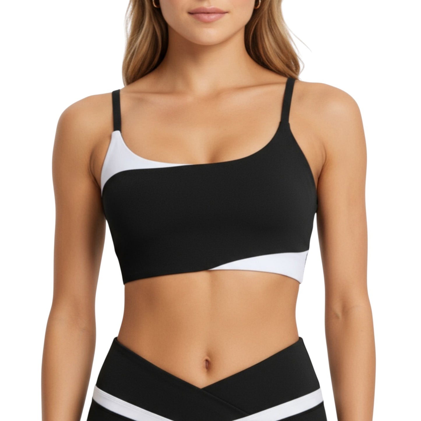 Asymmetrical Neck Colorblock Sports Bra with Strap Design and Stretch Fit Fabric