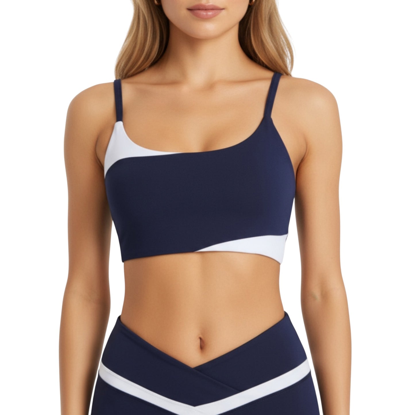 Asymmetrical Neck Colorblock Sports Bra with Strap Design and Stretch Fit Fabric
