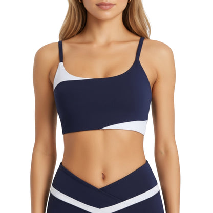 Asymmetrical Neck Colorblock Sports Bra with Strap Design and Stretch Fit Fabric