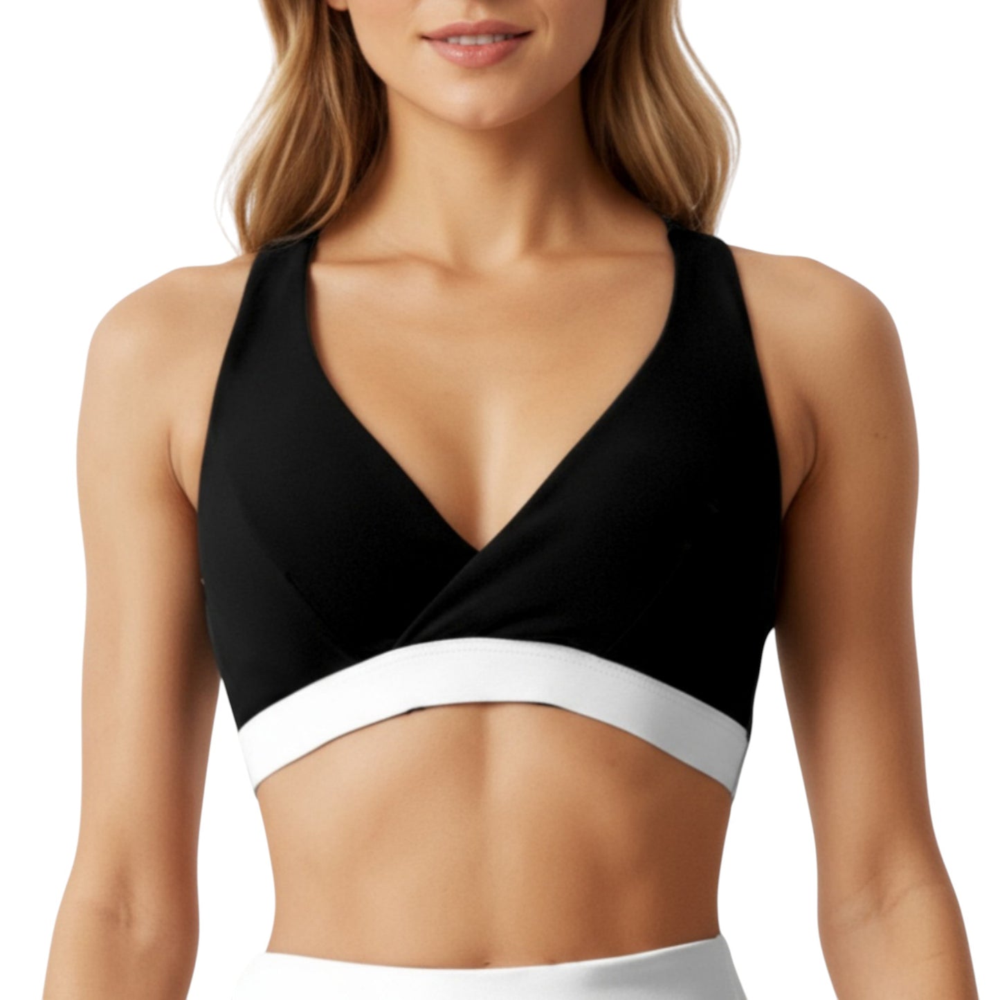 V-Neck Cross Front Colorblock Sports Bra with Wide Straps and Supportive Elastic Band