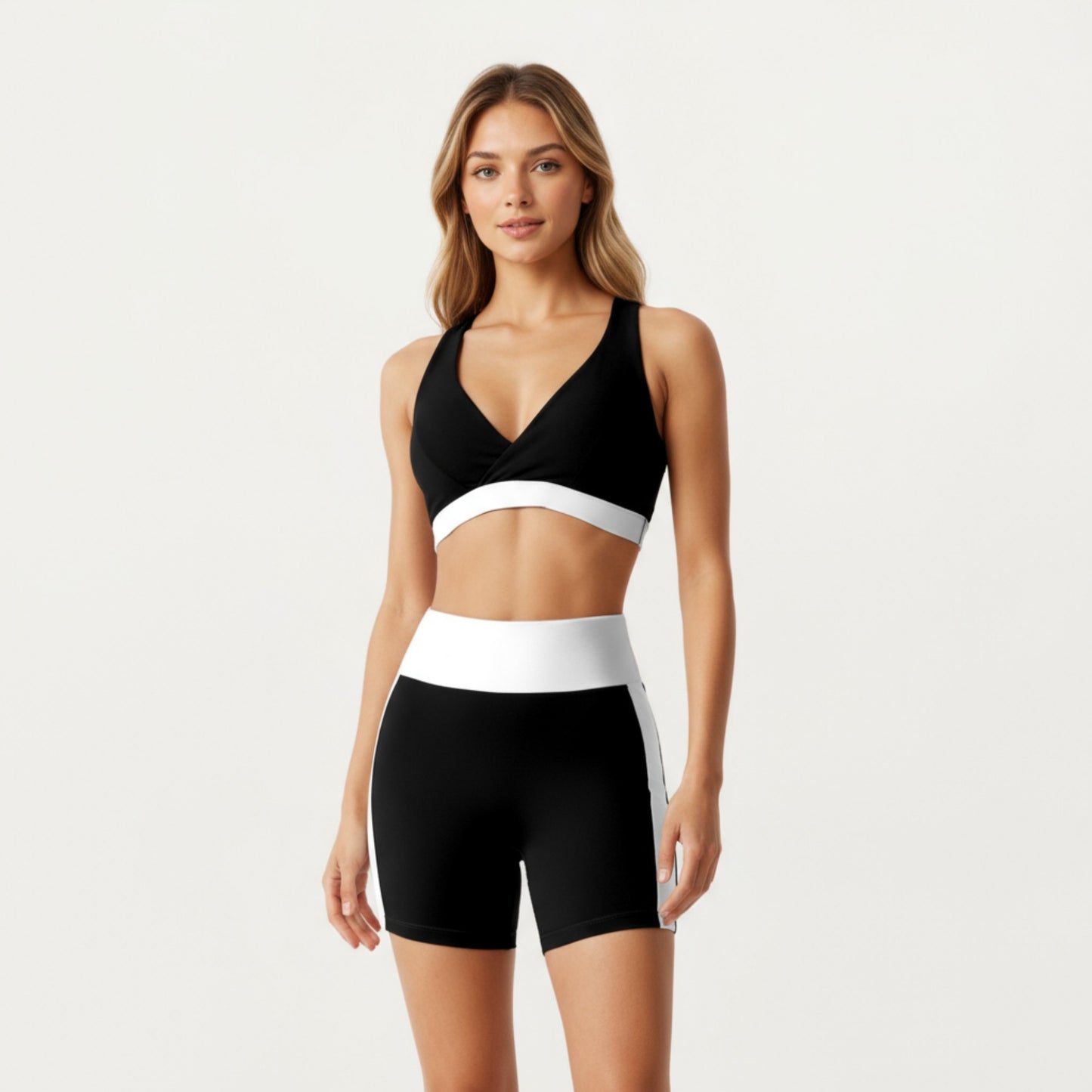 V-Neck Cross Front Colorblock Sports Bra with Wide Straps and Supportive Elastic Band