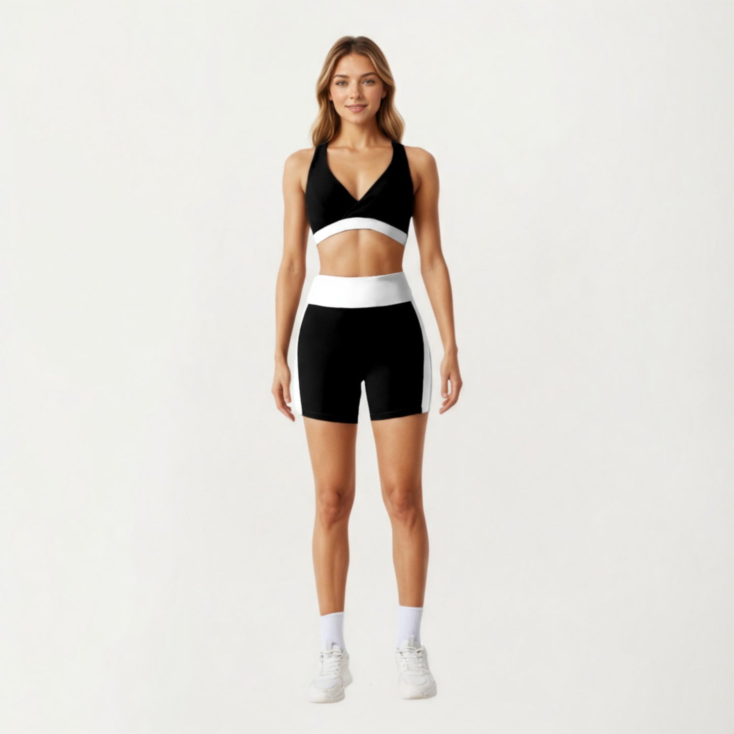 V-Neck Cross Front Colorblock Sports Bra with Wide Straps and Supportive Elastic Band