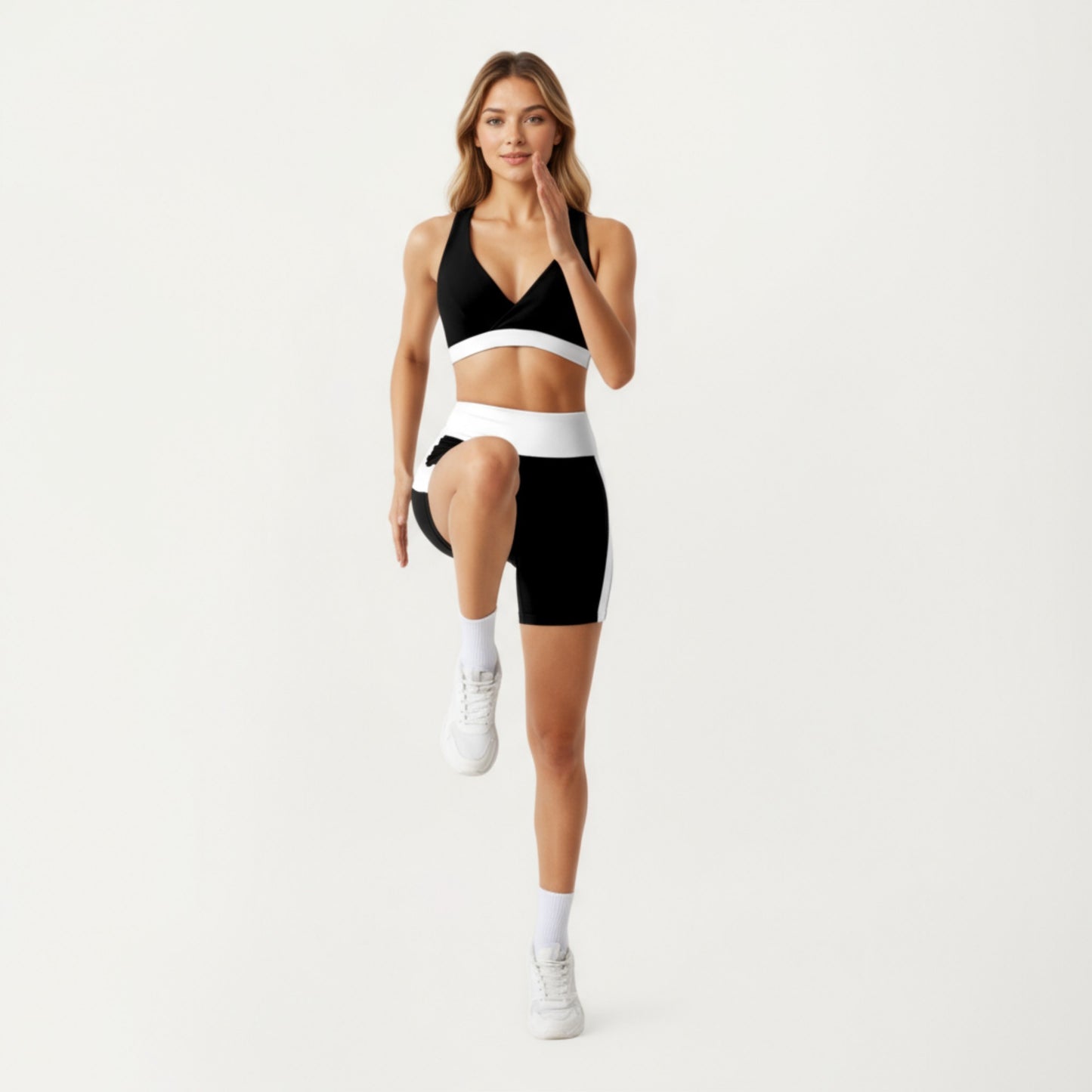 V-Neck Cross Front Colorblock Sports Bra with Wide Straps and Supportive Elastic Band