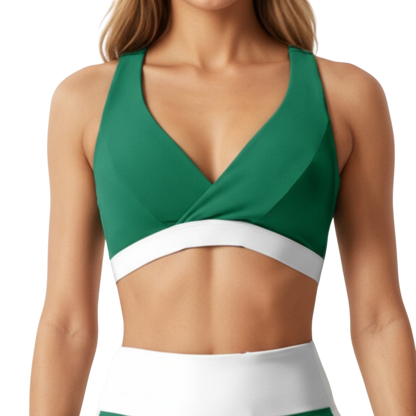 V-Neck Cross Front Colorblock Sports Bra with Wide Straps and Supportive Elastic Band