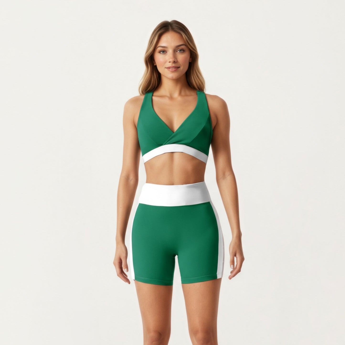 V-Neck Cross Front Colorblock Sports Bra with Wide Straps and Supportive Elastic Band