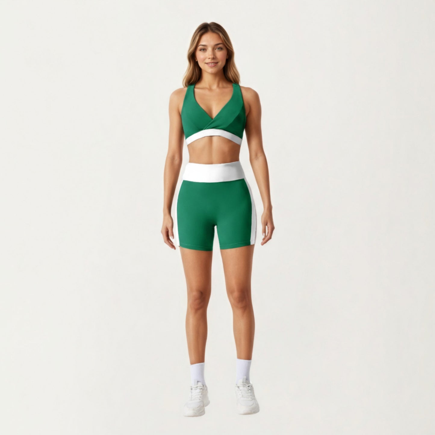 V-Neck Cross Front Colorblock Sports Bra with Wide Straps and Supportive Elastic Band