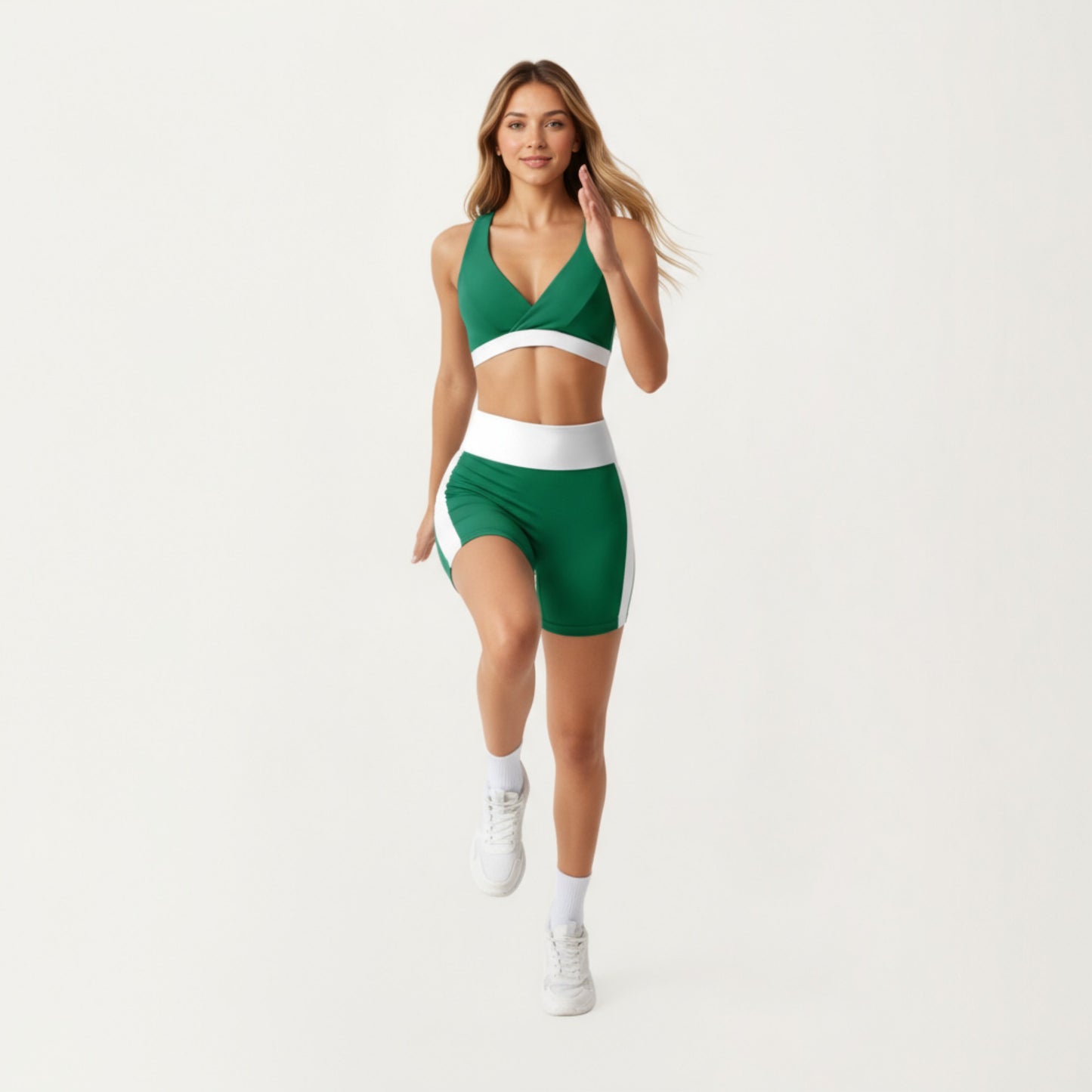 V-Neck Cross Front Colorblock Sports Bra with Wide Straps and Supportive Elastic Band
