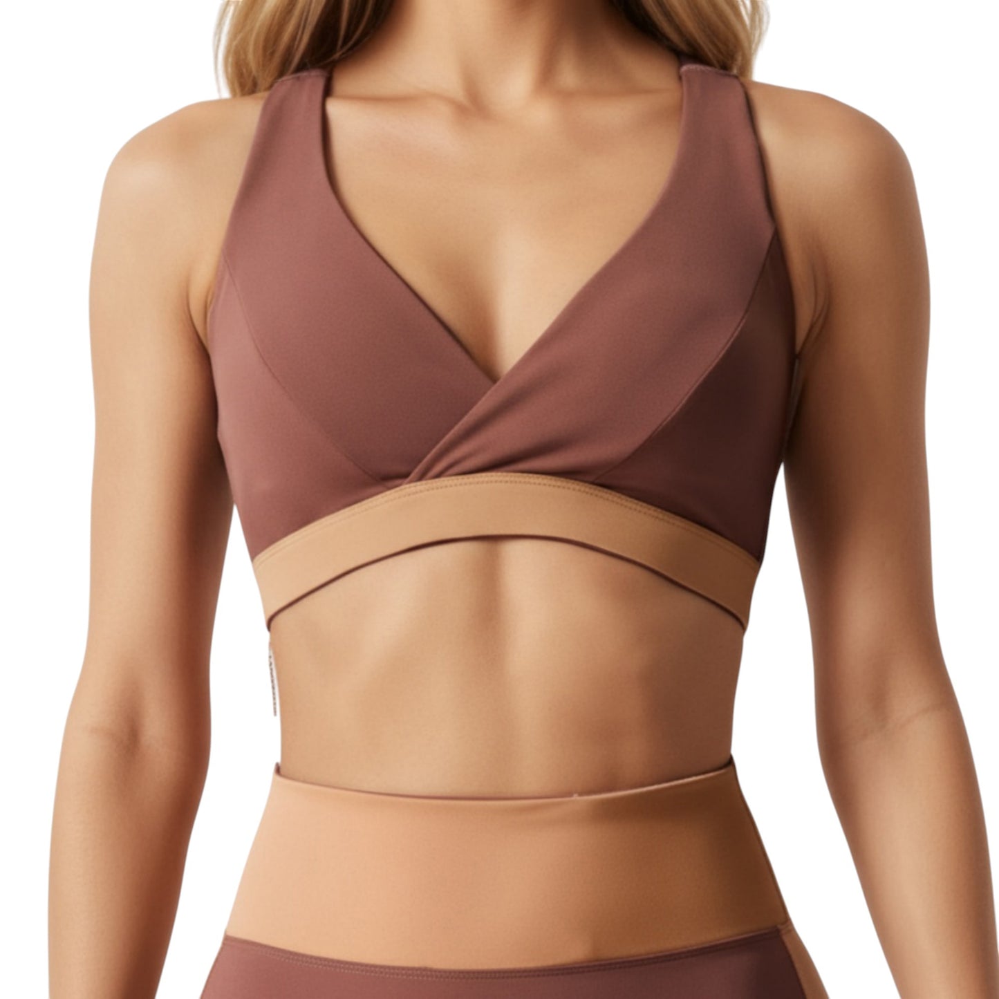 V-Neck Cross Front Colorblock Sports Bra with Wide Straps and Supportive Elastic Band
