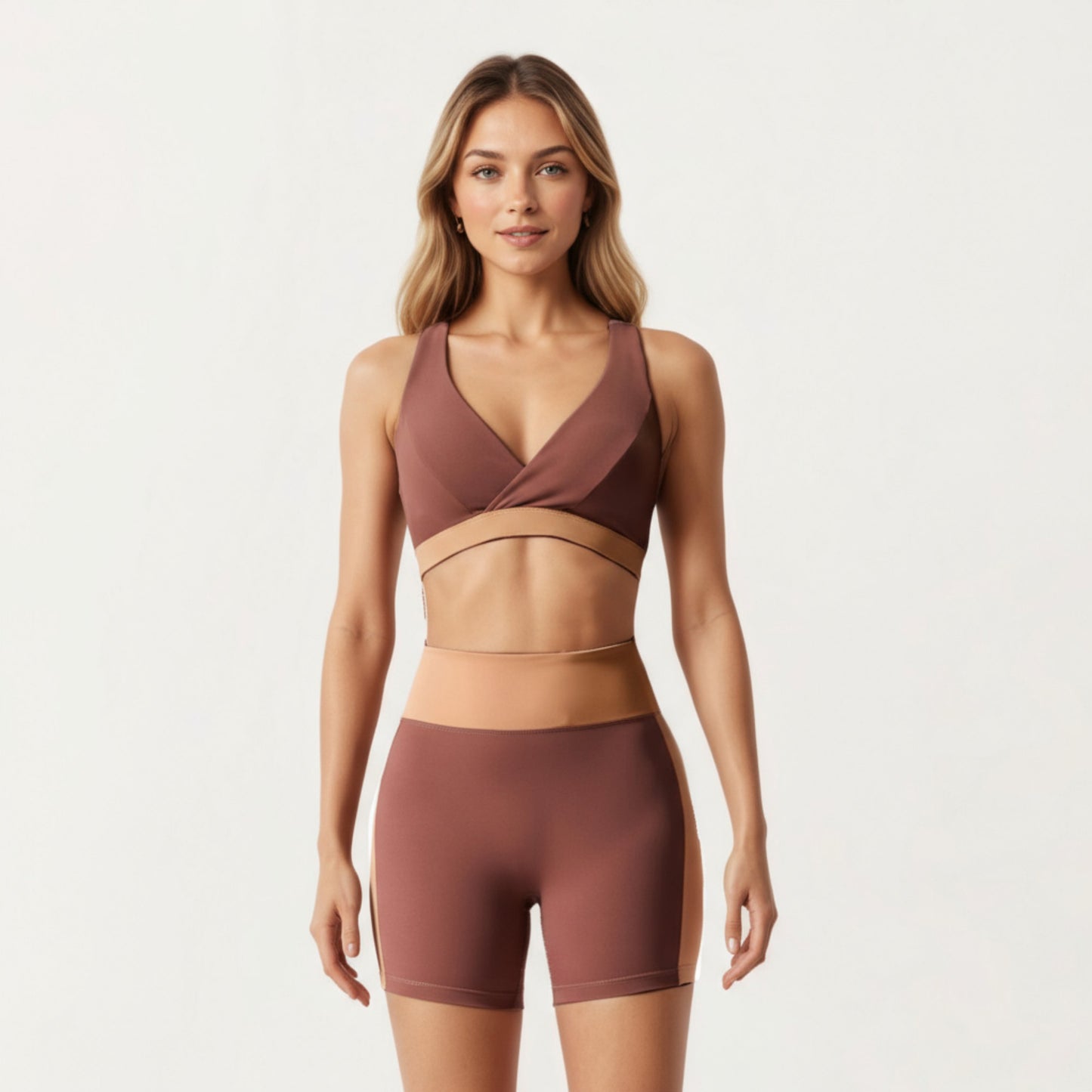 V-Neck Cross Front Colorblock Sports Bra with Wide Straps and Supportive Elastic Band