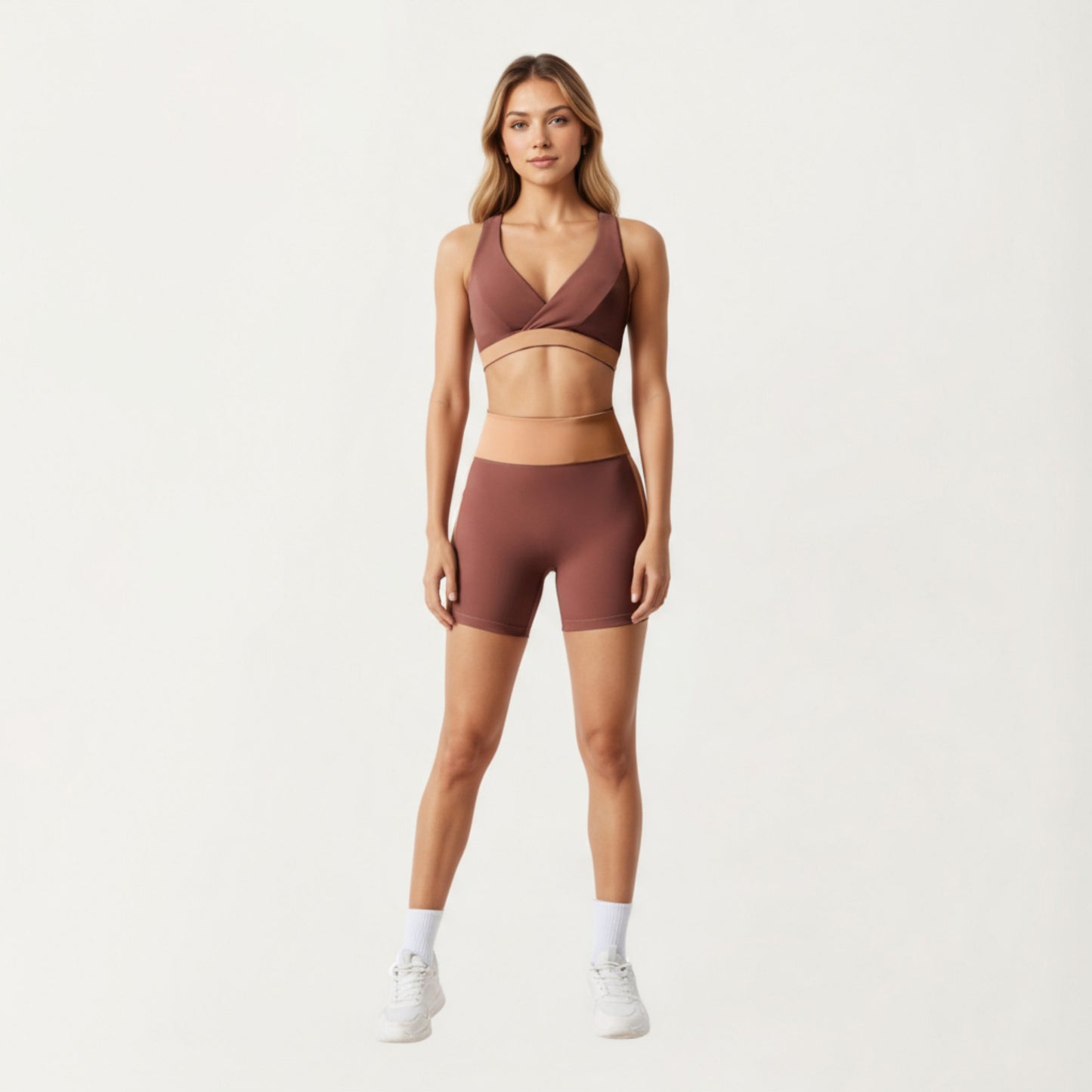 V-Neck Cross Front Colorblock Sports Bra with Wide Straps and Supportive Elastic Band