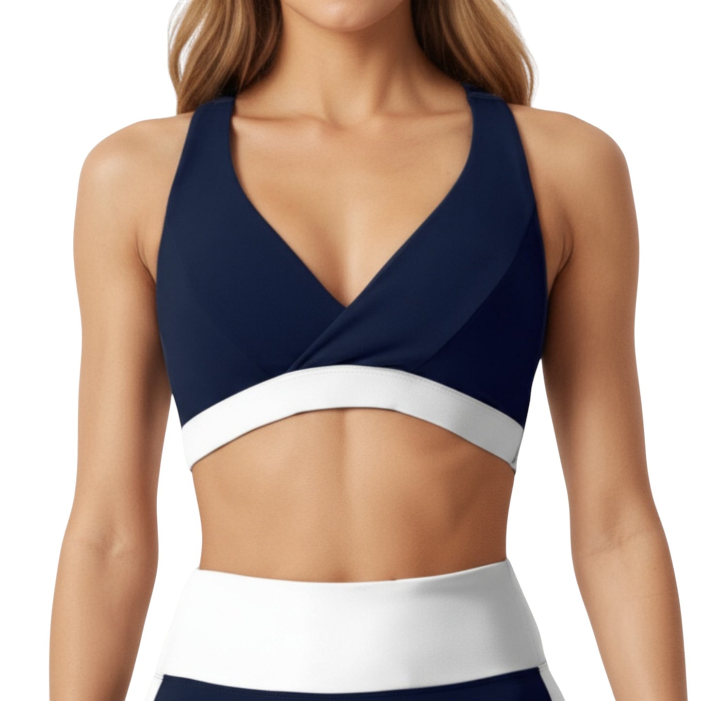 V-Neck Cross Front Colorblock Sports Bra with Wide Straps and Supportive Elastic Band
