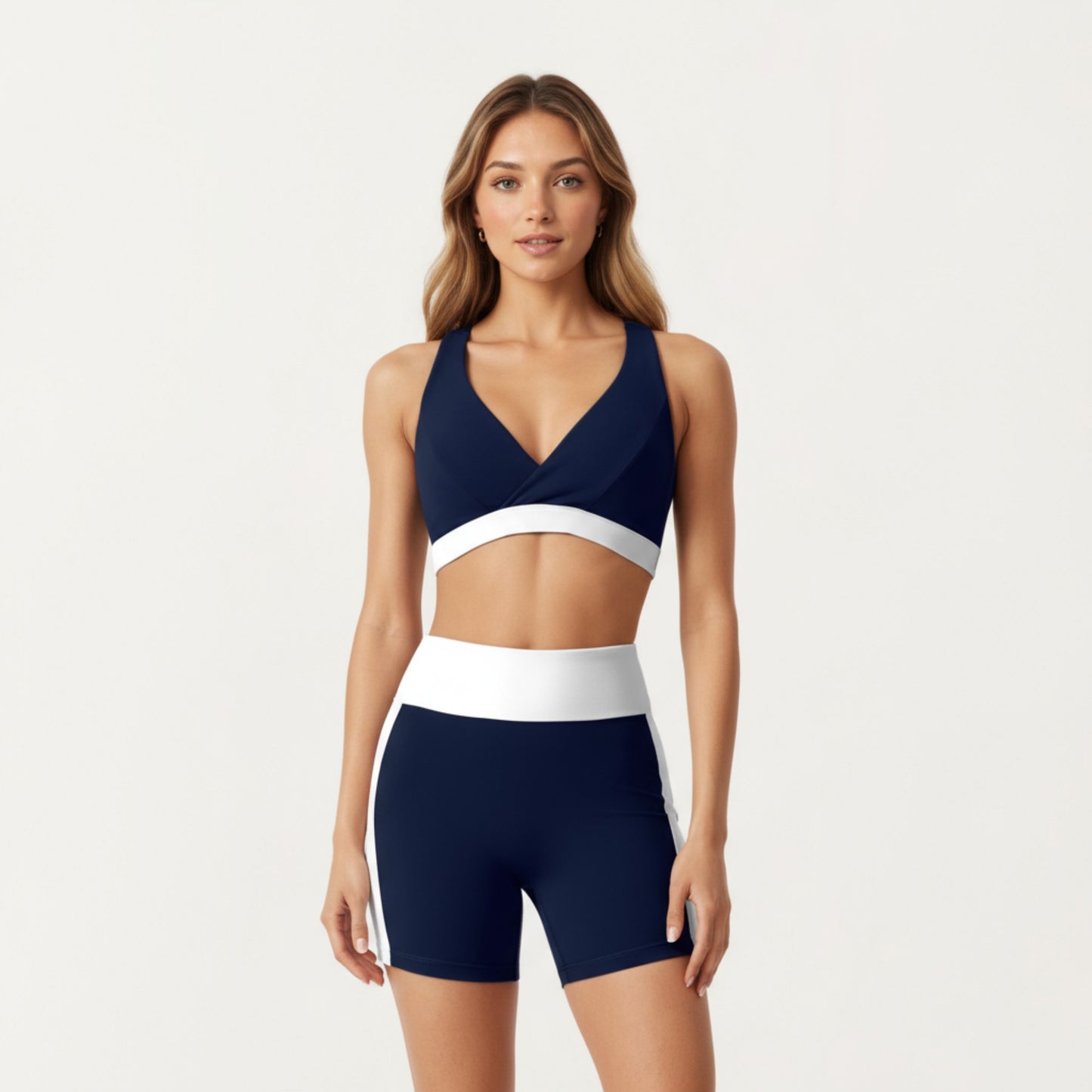 V-Neck Cross Front Colorblock Sports Bra with Wide Straps and Supportive Elastic Band