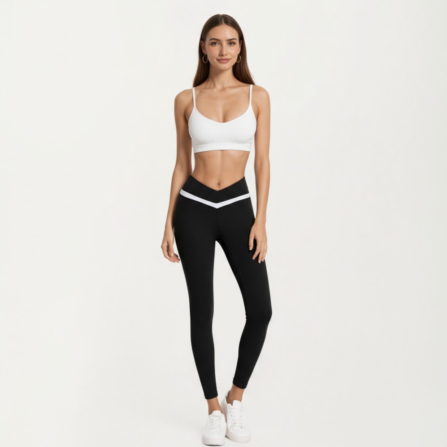 Crossover Waist Colorblock Full Length Leggings with Stretch Fit Fabric and Contoured Silhouette