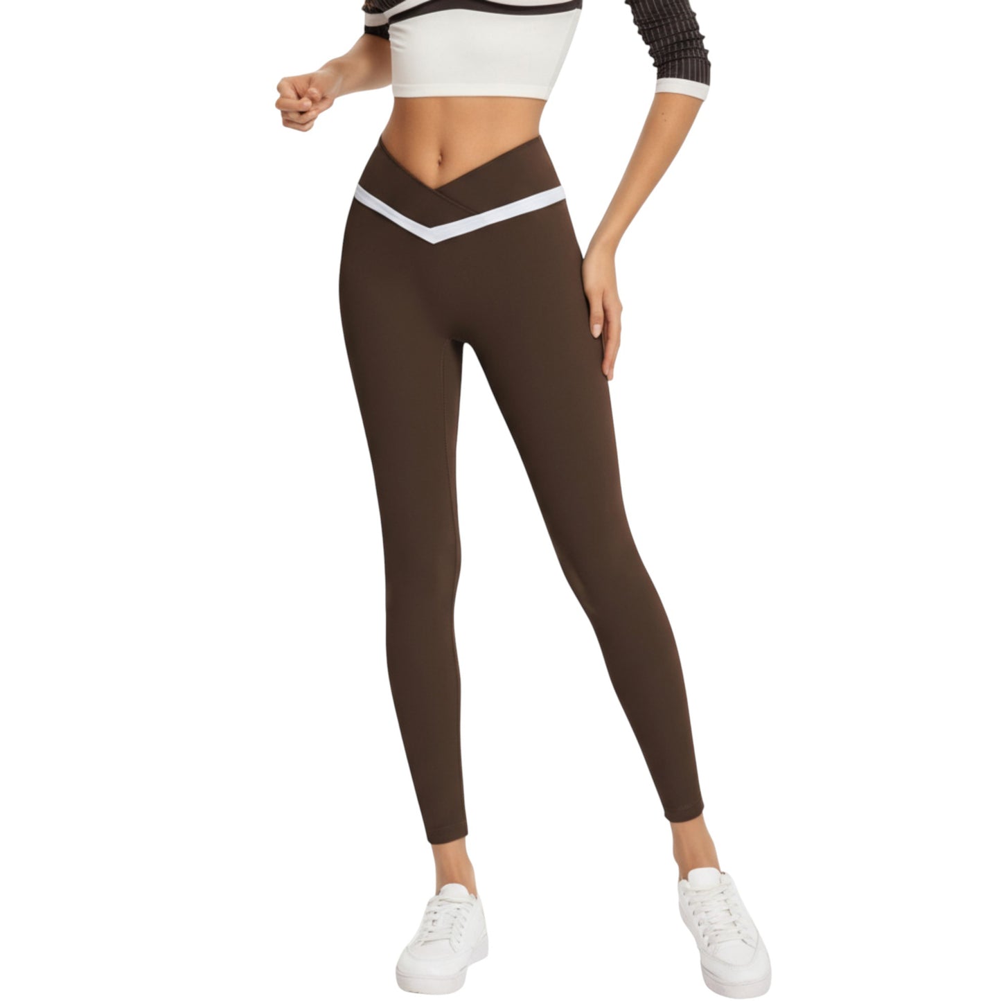Crossover Waist Colorblock Full Length Leggings with Stretch Fit Fabric and Contoured Silhouette