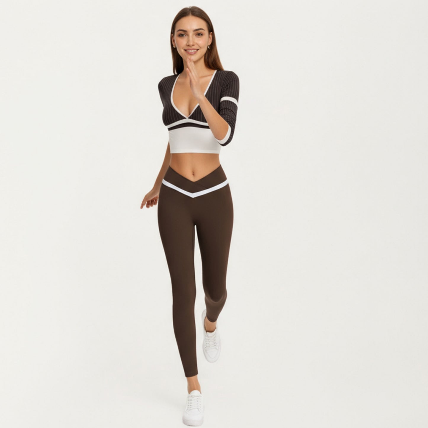 Crossover Waist Colorblock Full Length Leggings with Stretch Fit Fabric and Contoured Silhouette