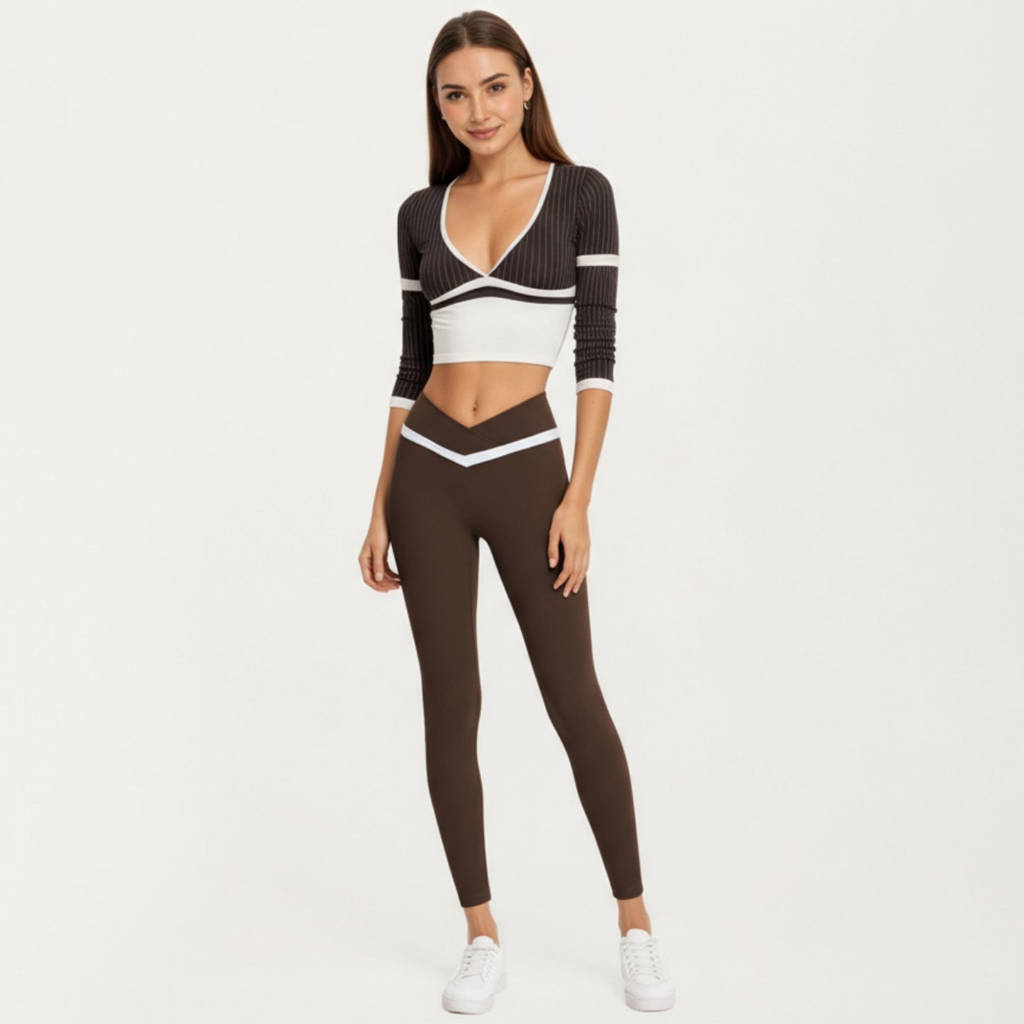 Crossover Waist Colorblock Full Length Leggings with Stretch Fit Fabric and Contoured Silhouette