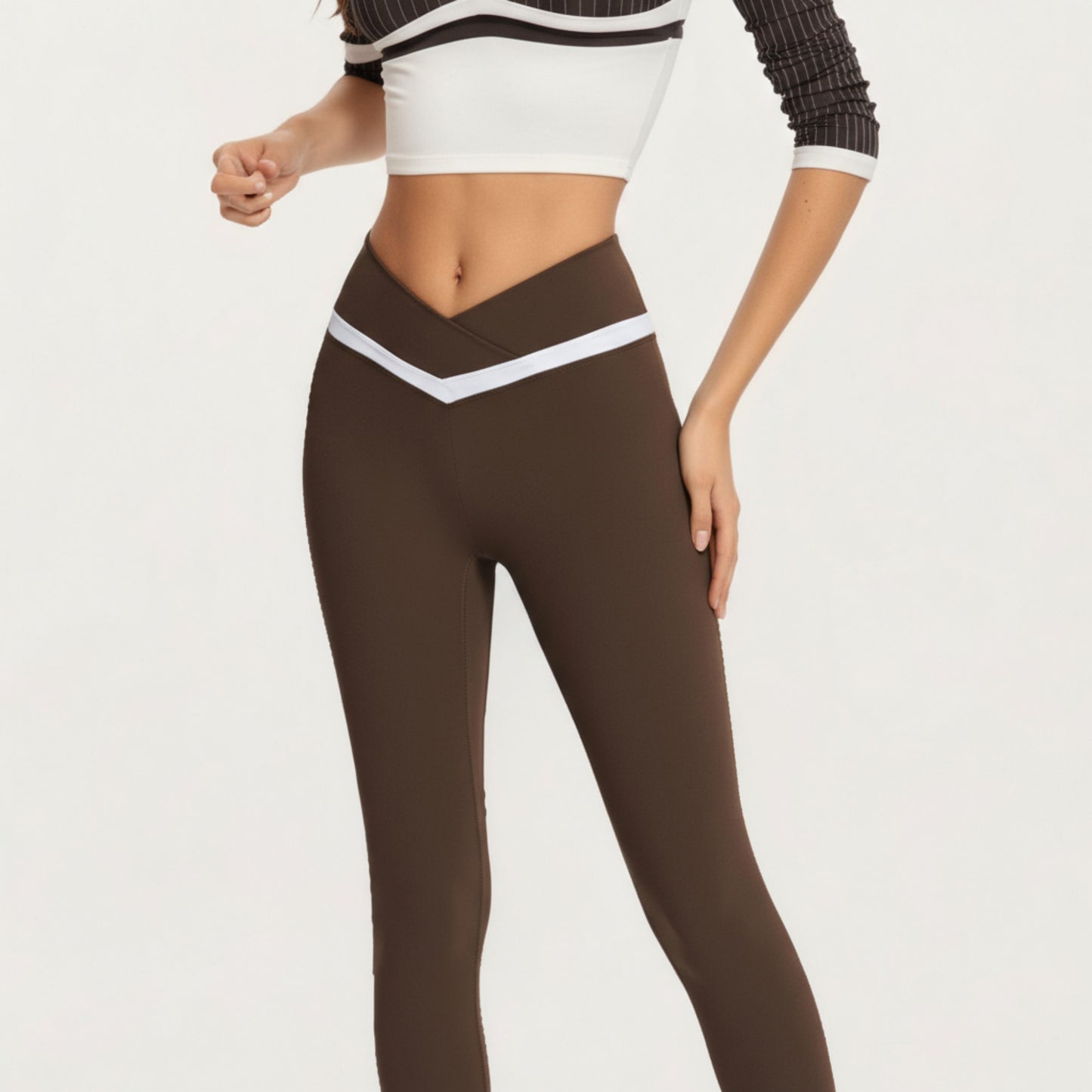 Crossover Waist Colorblock Full Length Leggings with Stretch Fit Fabric and Contoured Silhouette
